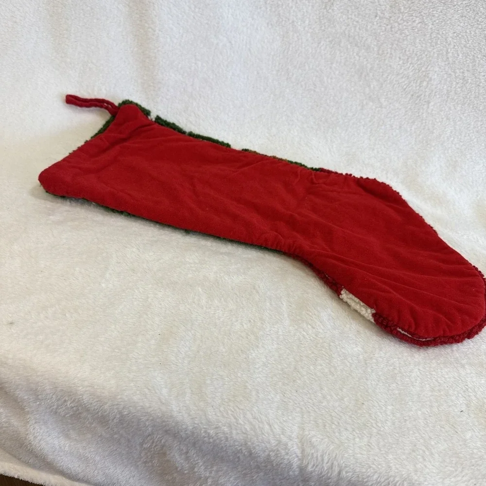 Vintage Style Hooked Wool Christmas Stocking Teddy Bear Santa Hat Snowflakes Red